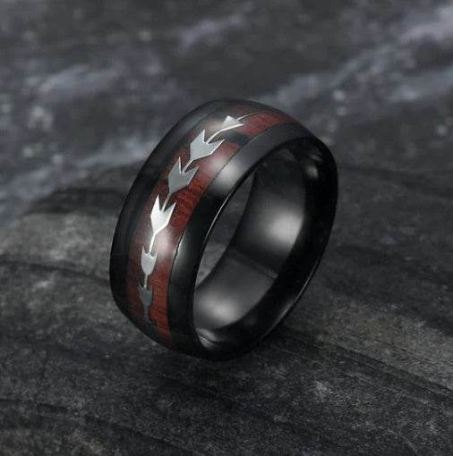 Stainless Steel Wood Grain Arrow Inlaid Ring - Velora