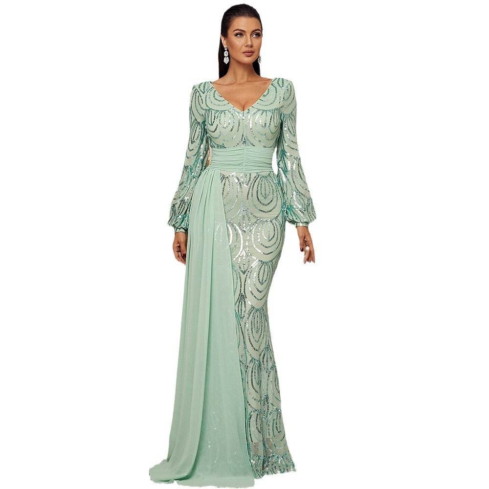 Long Sleeve Sexy Long Sequined V-neck Banquet Ribbon Evening Dress - Velora