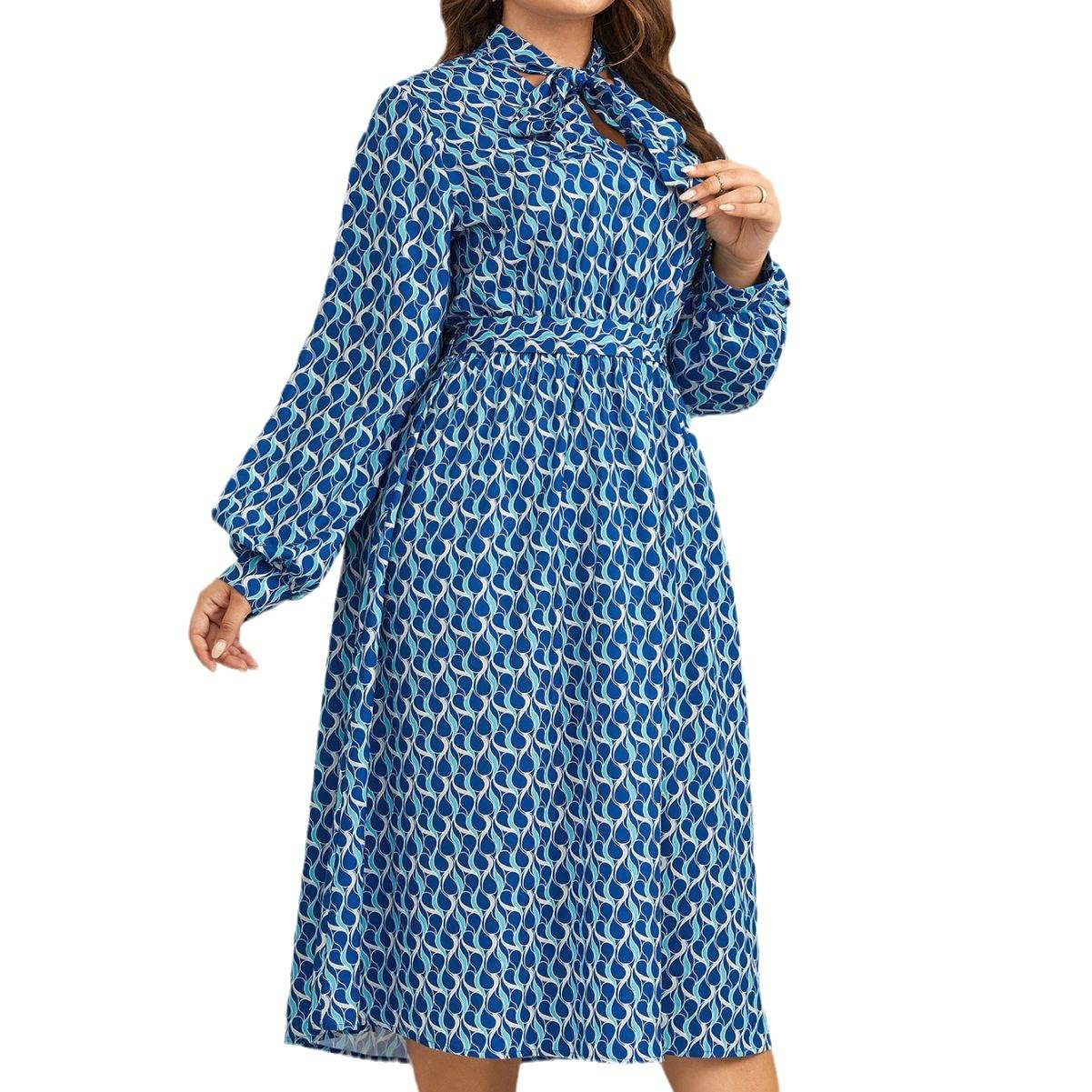 European And American High Waist Print Long Puff Sleeve Dress - Velora