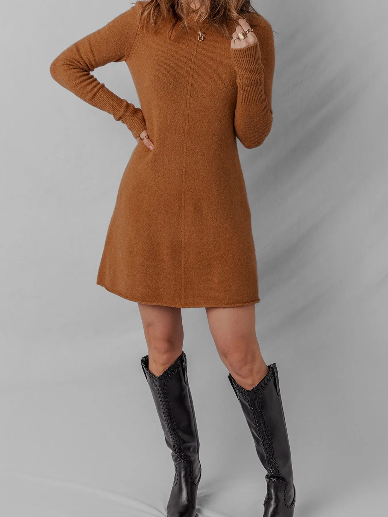 Ribbed Detail Solid Color Mini Sweater Dress - Velora
