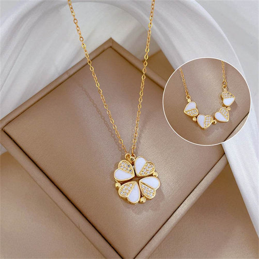 Luxury Four Leaf Clover Pendant Necklace Stainless Steel Crystal Heart Jewelry For Women Gift - Velora