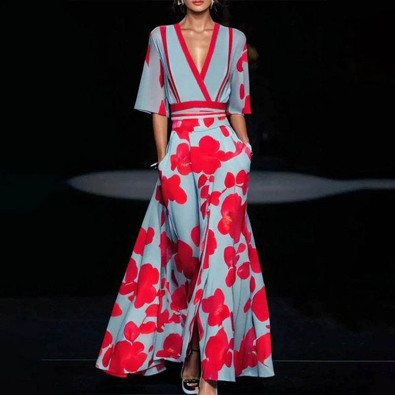 Summer V-neck Split Short-sleeved Dress Fashion Flower Print A-line Long Dresses Party Club Beach Clothing For Women - Velora