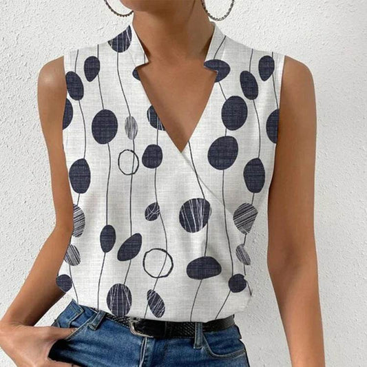 Casual Printed Tops Summer V-neck Sleeveless T-shirt Womens Clothing - Velora