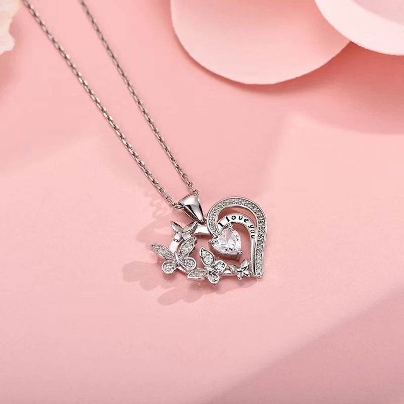 Ins Butterfly Love Necklace With Rhinestones Fashion Personality Hollow Heart-shaped Clavicle Chain Pendant Necklace For Valentine's Day - Velora