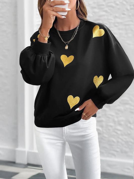 Heart Print Long Sleeve Sweatshirt - Velora