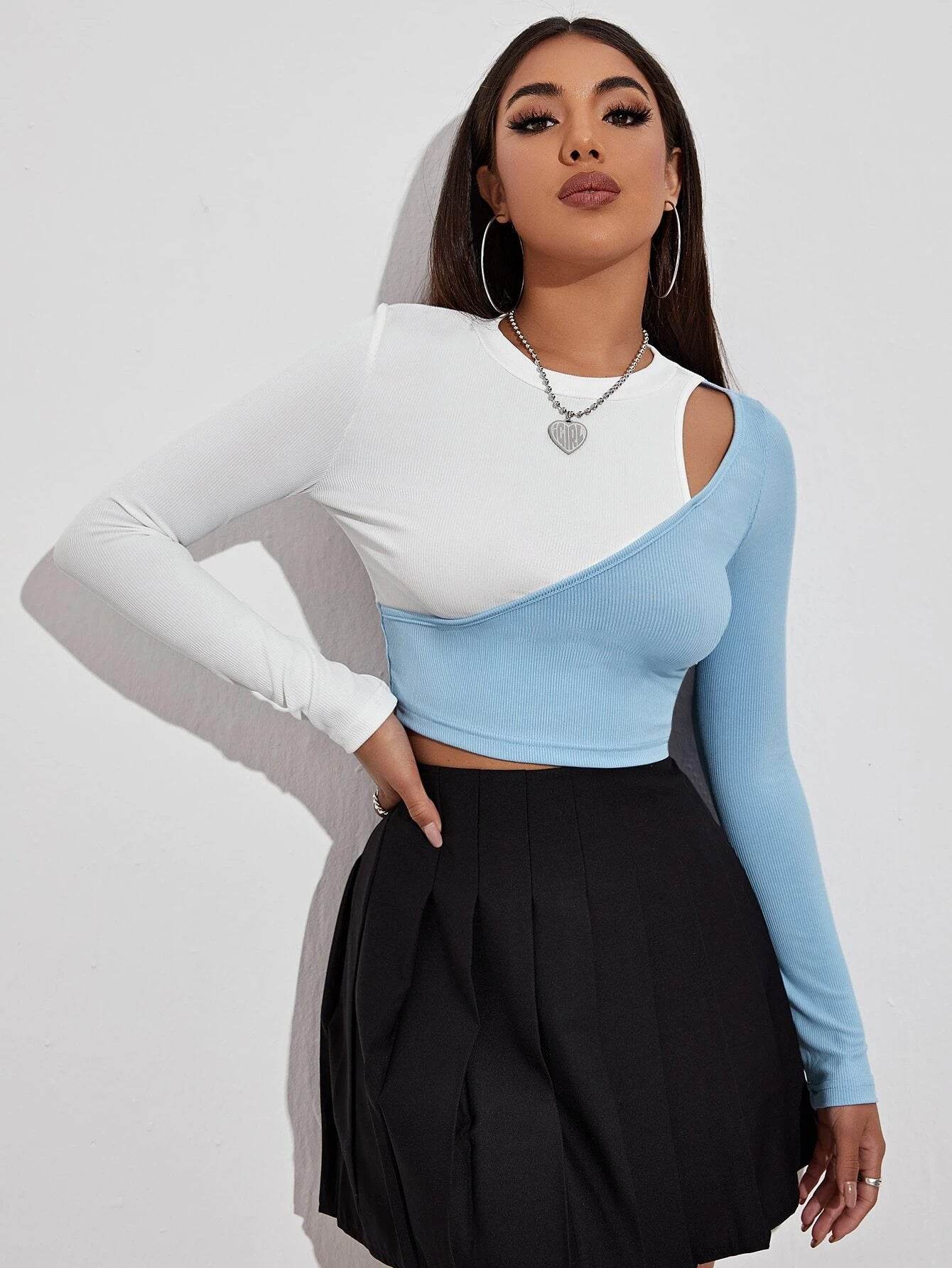 New Sexy Hit Color Strapless T-Shirt Stitching Slim Top Women Bottoming Long-Sleeved T-Shirt - Velora