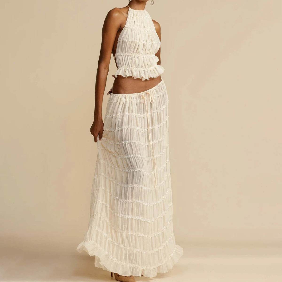 2pcs Women's Dress Suit Sexy Sleeveless Backless Cropped Halter Top And Pleated Long Dress - Velora