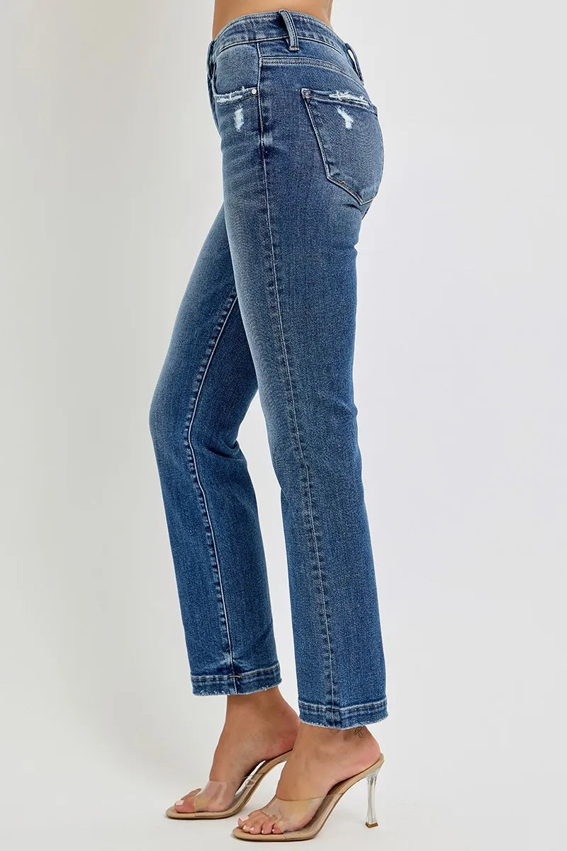 RISEN Full Size Tummy Control Elastic Band Mid Rise Straight Jeans Plus Size - Velora