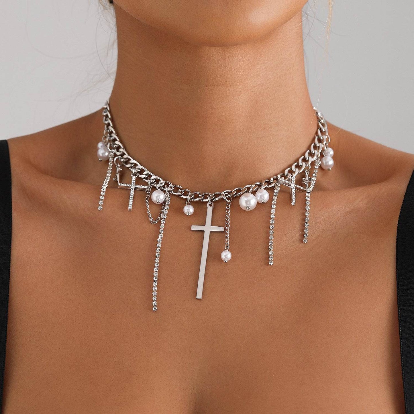 Cross Tassel Pearl Collarbone Chain Jewelry Cool Spicy Girl Necklace Fashion Jewelry - Velora