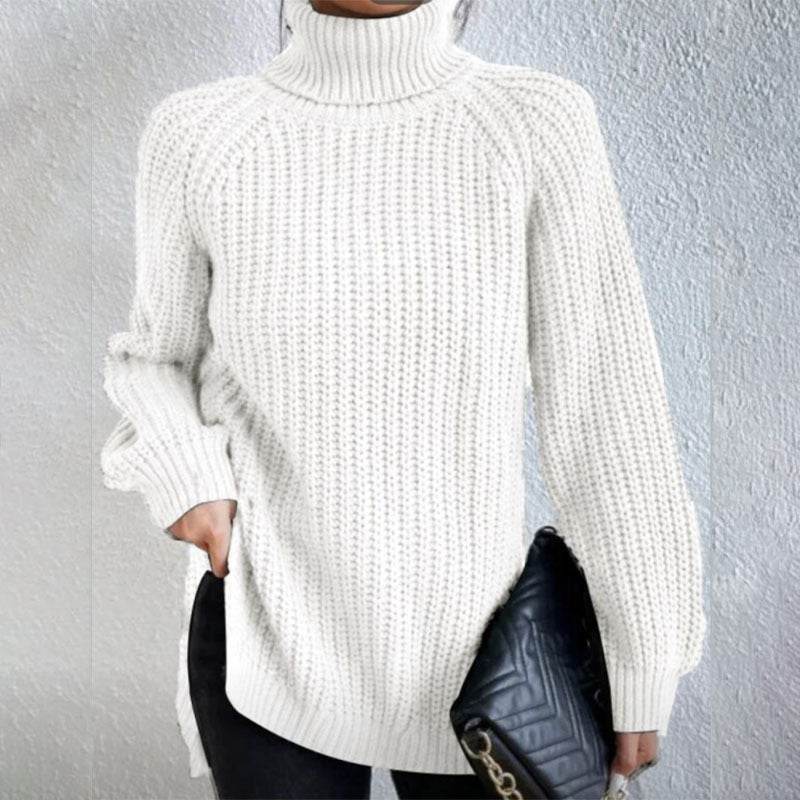 Turtleneck Pullover Sweater With Split Design Fashion Simple Solid Color Long Sleeve Tops Women's Clothing - Velora