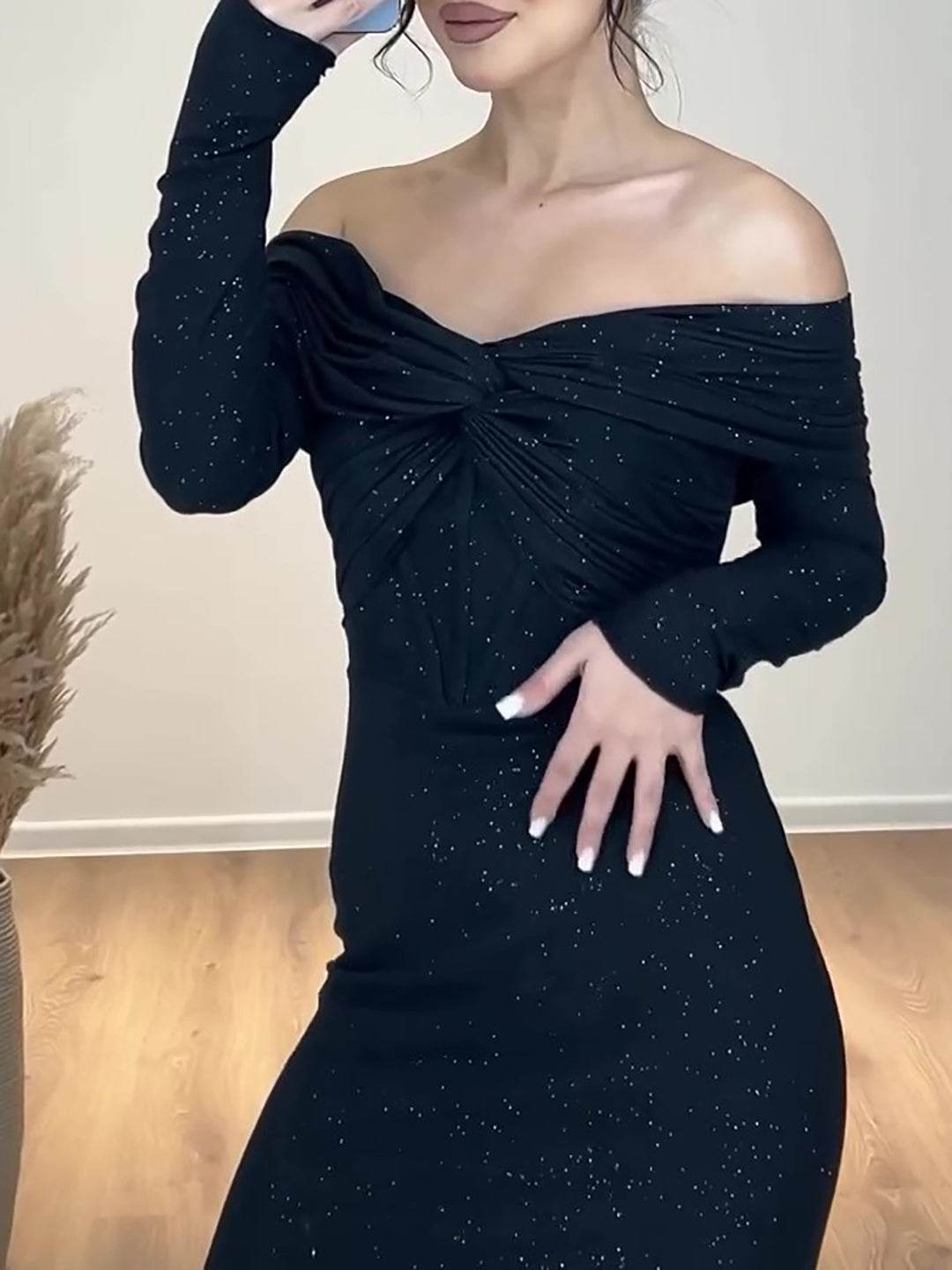 Elegant Off-shoulder Twist Glitter Dress - Velora