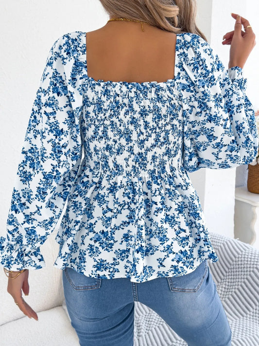 Floral Square Neck Flounce Sleeve Blouse - Velora