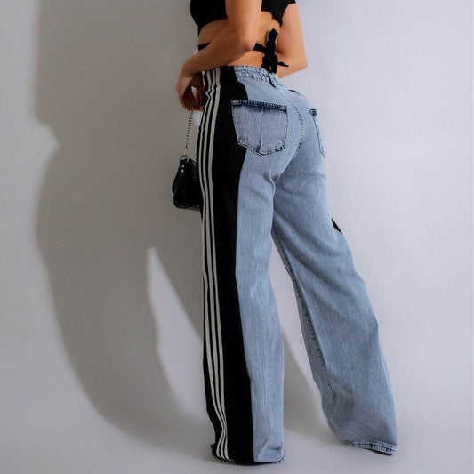 2024 Fashion Casual High Waist Elastic Straight Leg Trousers Three Stripe Patchwork Denim Wide Leg Pants Streetwear - Velora
