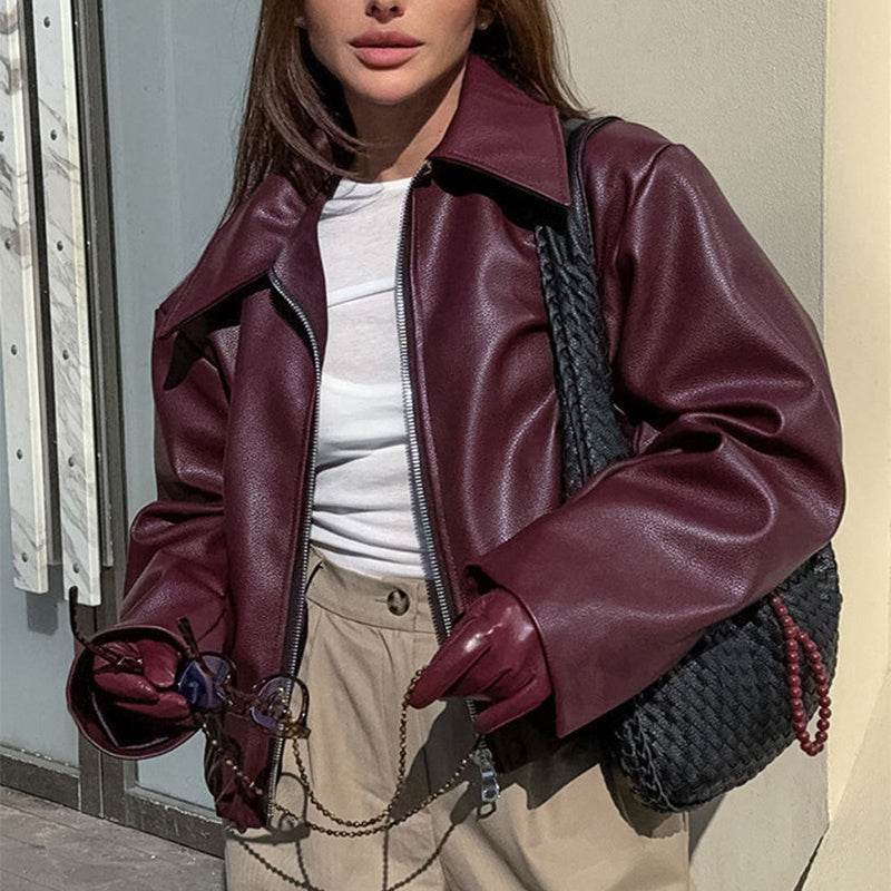 Solid Color Lapel Zipper Jacket Fashion Casual Long Sleeve Leather Coat Tops Women Clothing - Velora