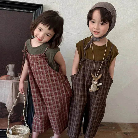 Summer Children's Plaid Overalls boy And girl Baby Unisex Mori Style Retro Jumpsuit Straight-leg Pants - Velora