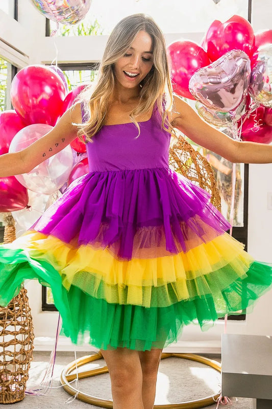 BiBi Mardi Gras Color Block Layered Mesh Tiered Dress - Velora