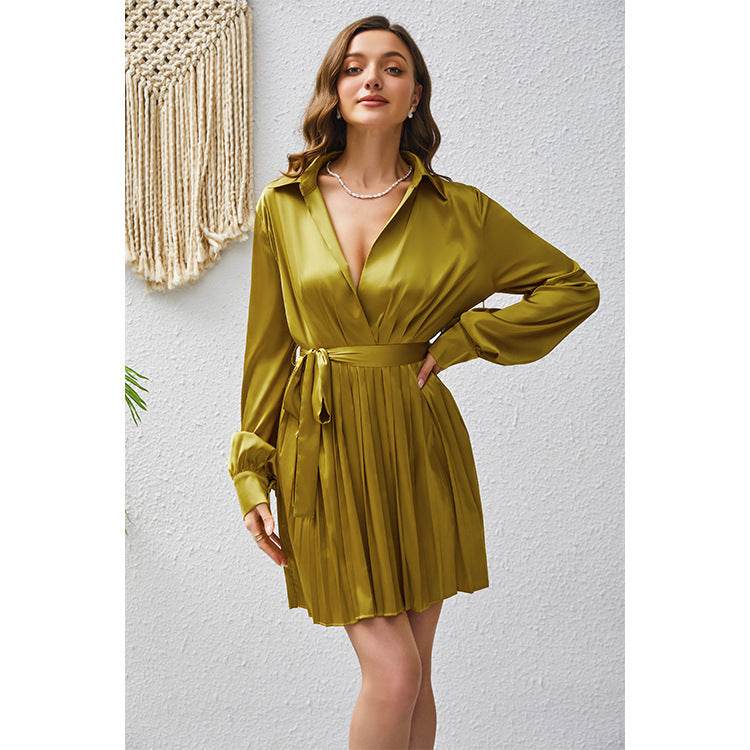 Design Sense Lace-up Long Sleeve Pleated Dress Solid Color Wrap V-neck - Velora