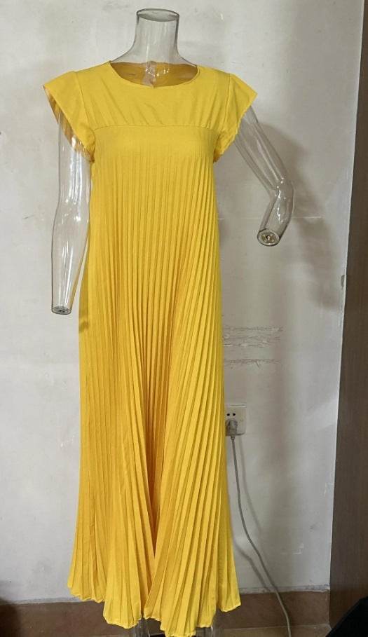 Short Sleeve Pleated Long Dress Summer Round Neck Dress Women's Clothing - Velora