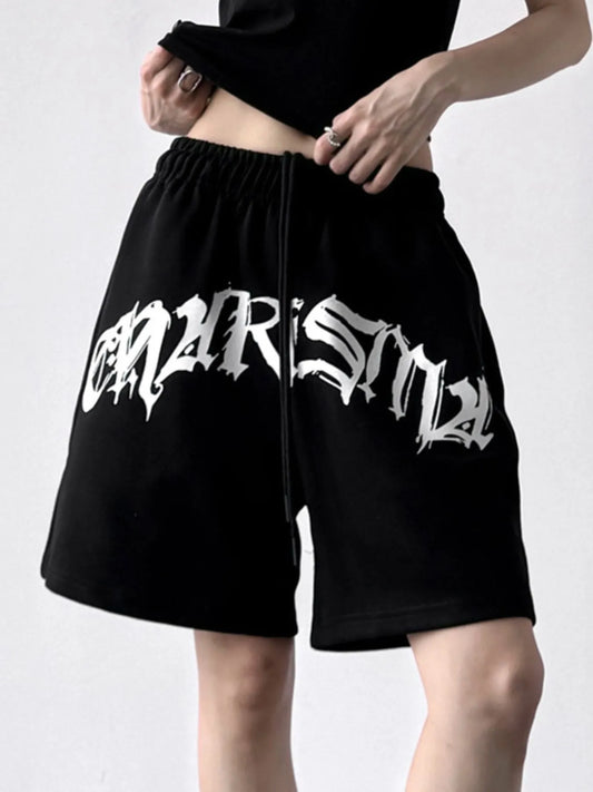 Oversized Drawstring Letter Shorts - Velora