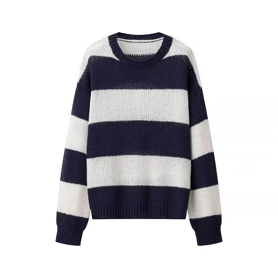 Women's Round Neck Long Sleeve Striped Sweater Top - Velora
