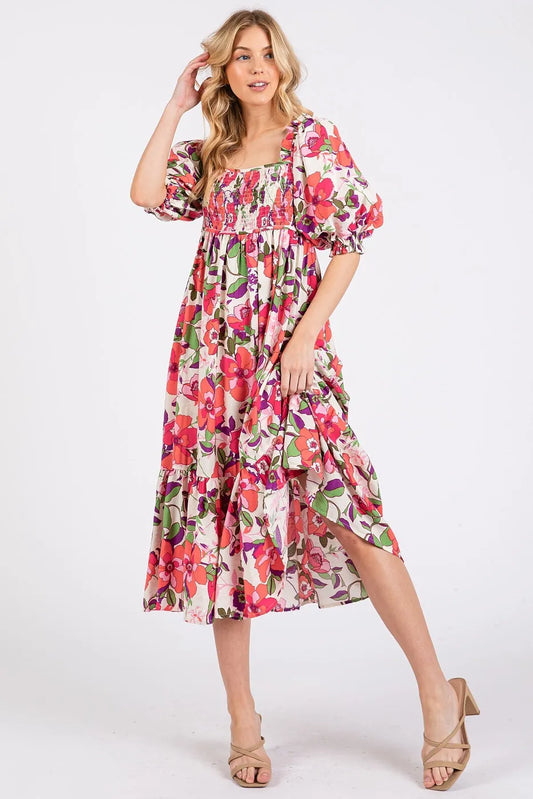 Mittoshop Flower Print Puff Sleeve Ruffle Smocked Midi Dress - Velora