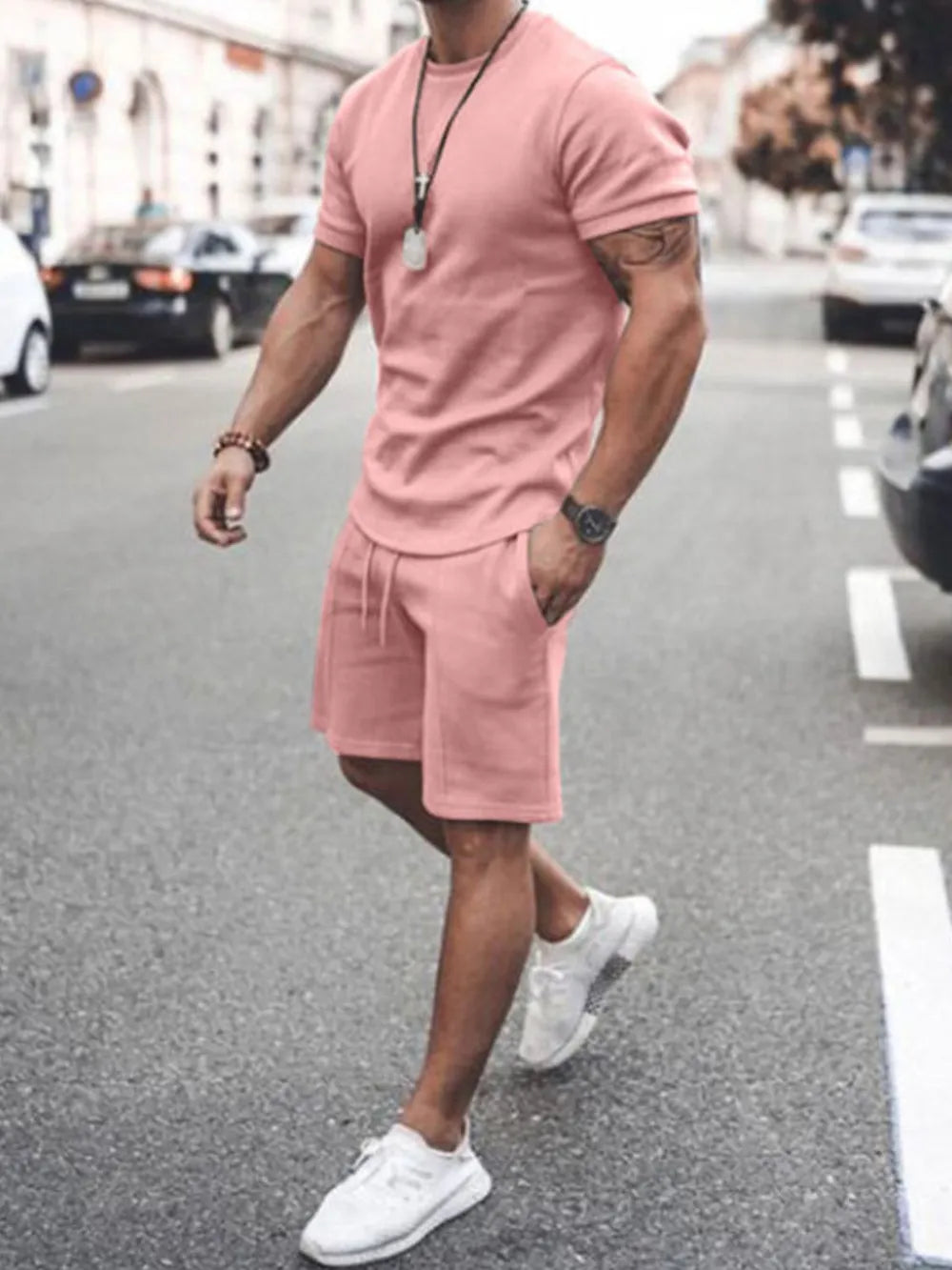 Men's Plus Size Round Neck Short Sleeve Top and Shorts Set - Velora