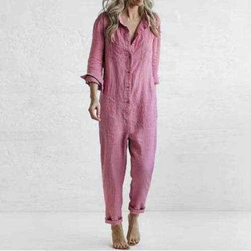 Casual Long Sleeve Jumpsuit With Pockets Fashion Loose Lapel Button Romper Pants Womens Clothing - Velora