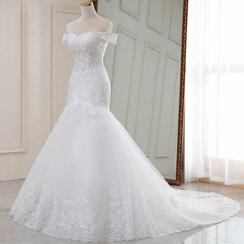 High Waist White Temperament Dream Lace Mid-waist Long Tail V-neck Wedding Dress - Velora