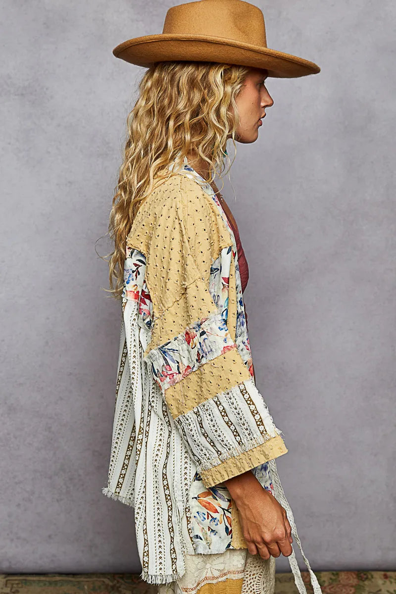 POL Raw Edge Open Front Patchwork Cardigan with Floral Trim - Velora