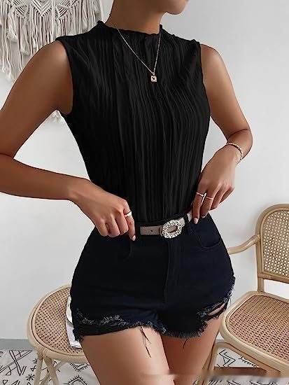 Women's Half Turtleneck Wide Pattern Vest Summer Retro Chic Sleeveless Top - Velora