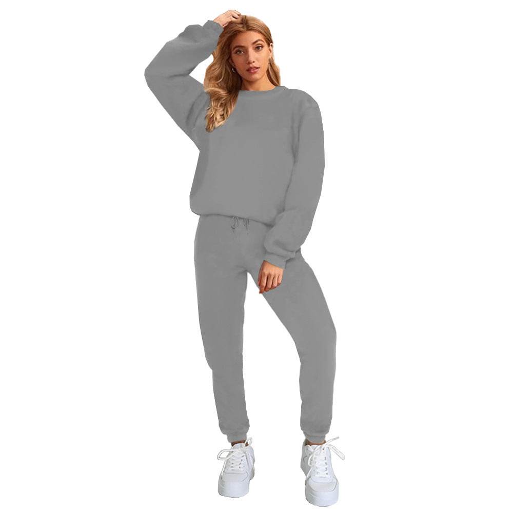 Women's Solid Color Round Neck Pullover Sweatshirt Pants - Velora