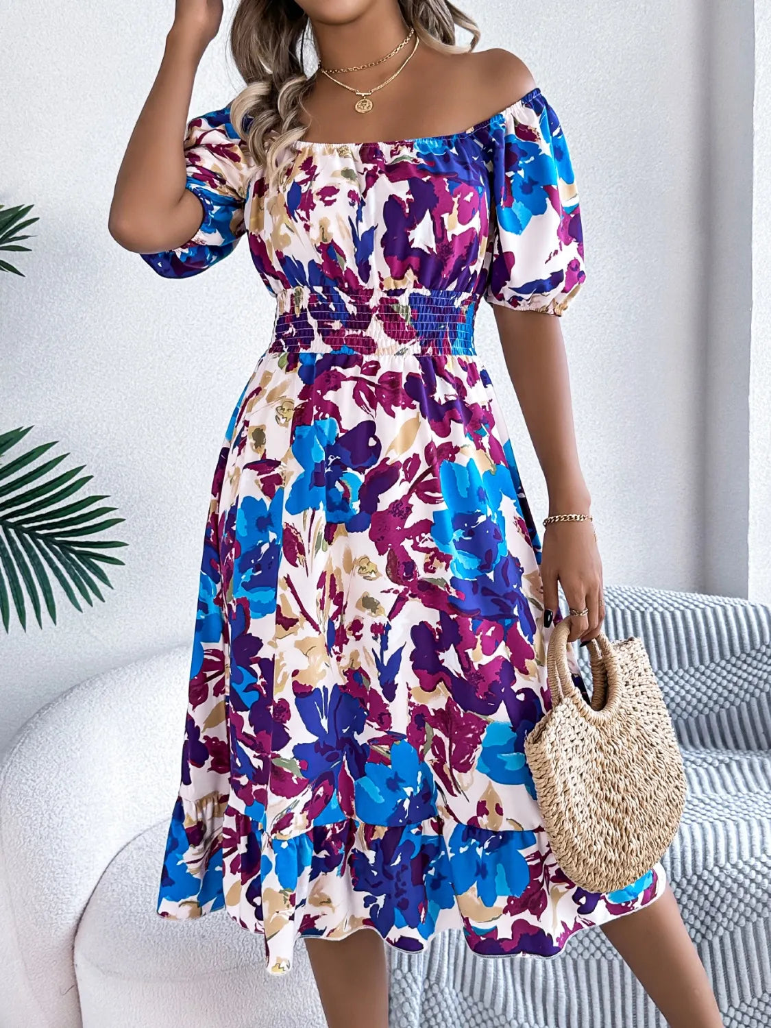 Ruffled Hem Smocked Floral Short Sleeve Midi Dress - Velora