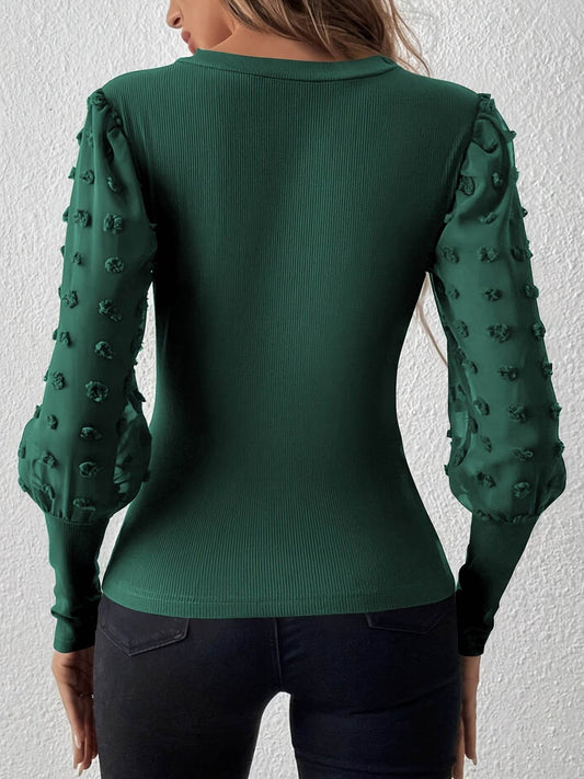 Elegant Rib V-neck Sleeve Chiffon Stitching Long Sleeve T-shirt Slimming Top - Velora