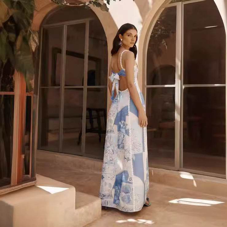 Flower Print Lace Sling Dress Sexy Backless Bow Suspender Long Dresses Womens Clothing - Velora