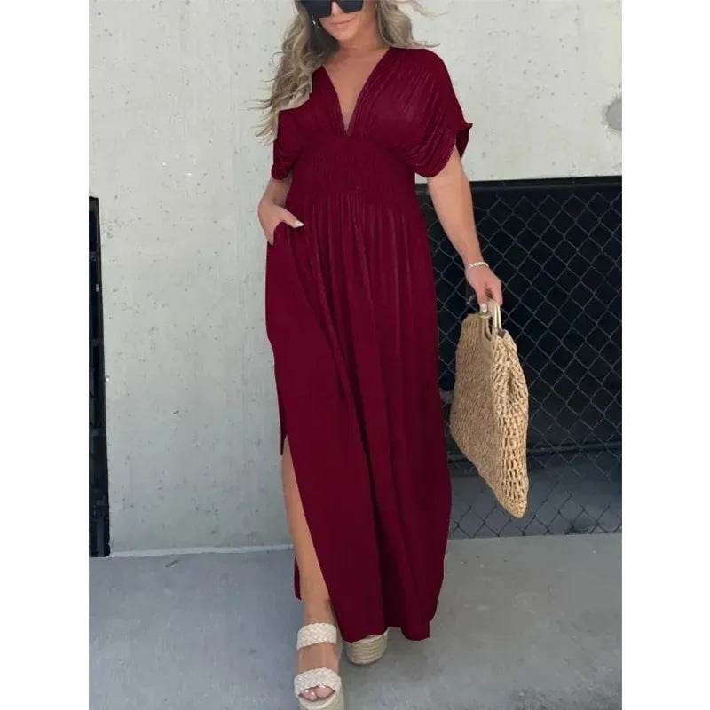 Fashion Bat-sleeved V-neck Slit Dress Summer Short Sleeve Elastic Waist Long Dresses Womens Clothing - Velora