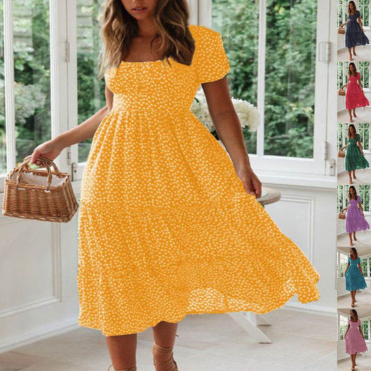 Square Collar Short Sleeve Dress Summer Puff Floral Printed Dress Long Dresses - Velora