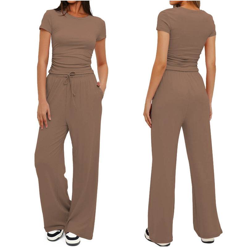 Fashion Casual Set Pleated Short Sleeves Top And Trousers - Velora