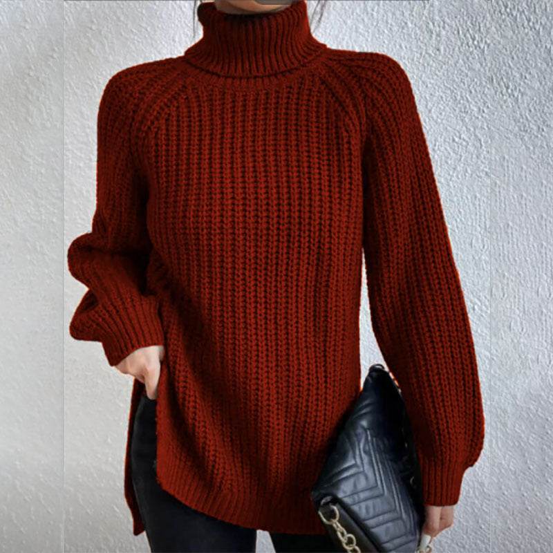 Turtleneck Pullover Sweater With Split Design Fashion Simple Solid Color Long Sleeve Tops Women's Clothing - Velora