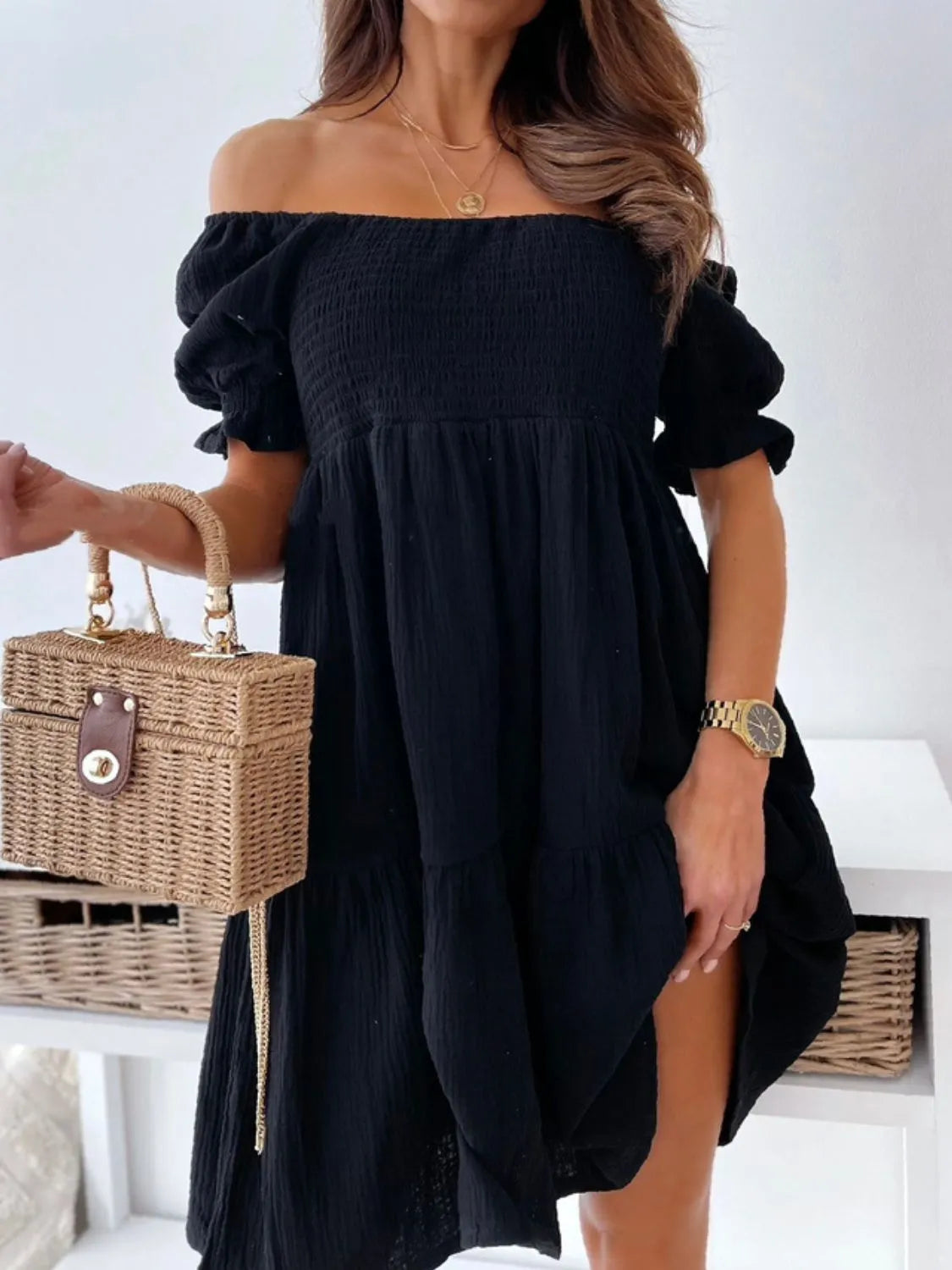 Smocked Off-Shoulder Mini Dress - Velora