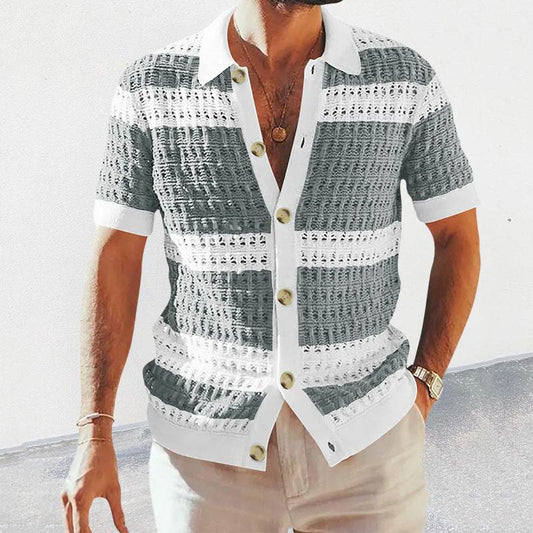 Summer Luxury Fashion New Knitted Shirt Men's Polo Neck Short Sleeve Colored Hollow Breathable Cardigan Men's Top Coat - Velora