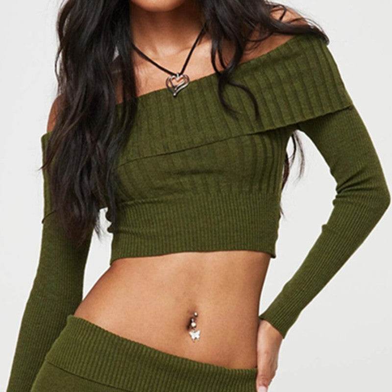 Boat Neck Long Sleeve Knitted Sweater Off-shoulder Crop Short Top SFor Womens Clothing - Velora