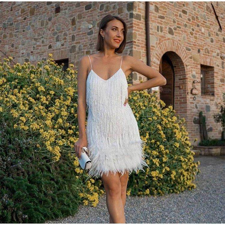 Sexy Tassel Sequins Feather Summer Mini Dress Women V Neck Spaghetti Strap Stitching Dresses Female Elegant Evening Party Club Dress - Velora