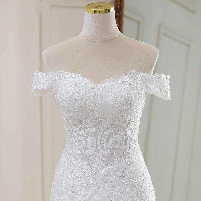 High Waist White Temperament Dream Lace Mid-waist Long Tail V-neck Wedding Dress - Velora