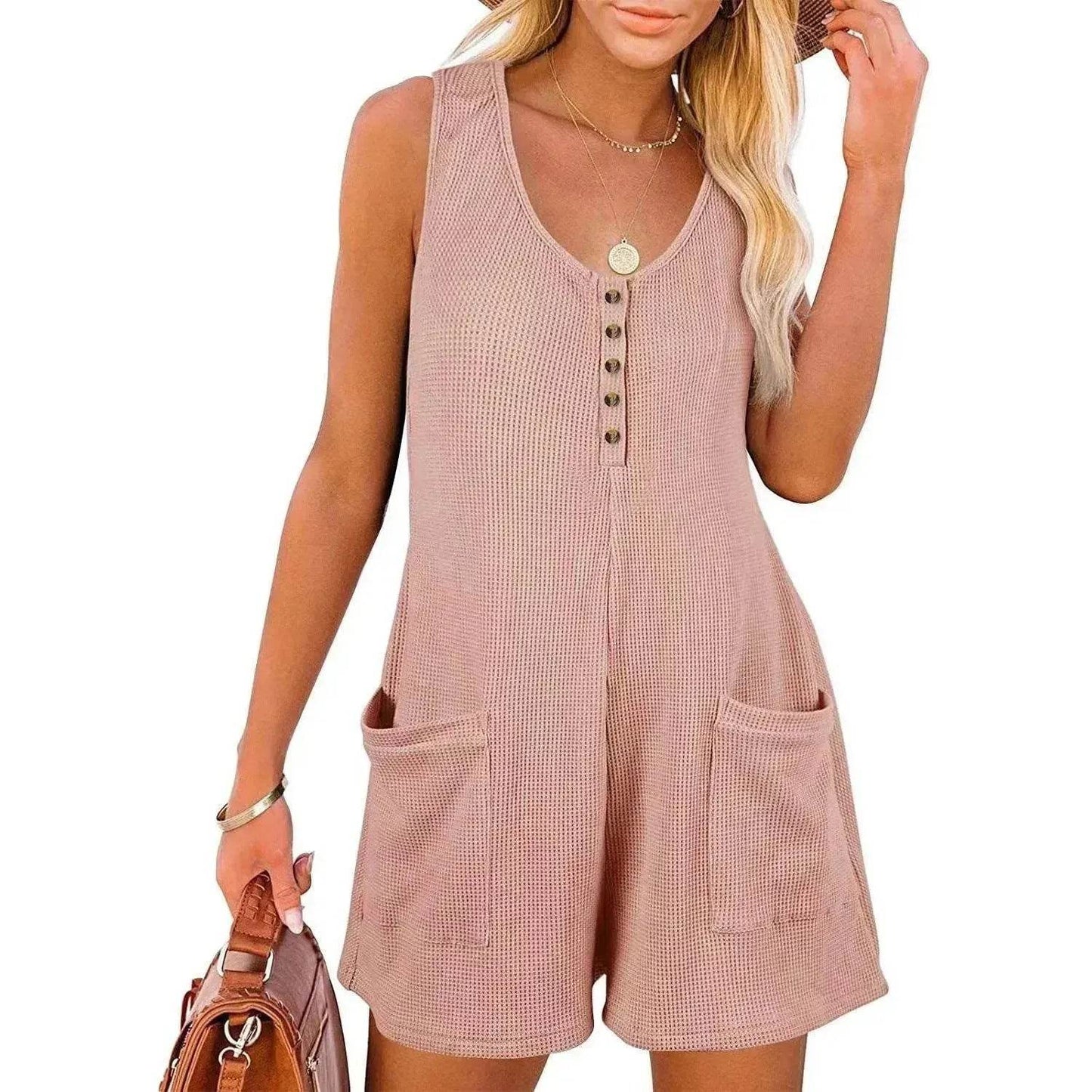 Casual Waffle Button Jumpsuit With Pockets Fashion Summer Beach Straight Shorts Overall Pants Womens Clothing - Velora