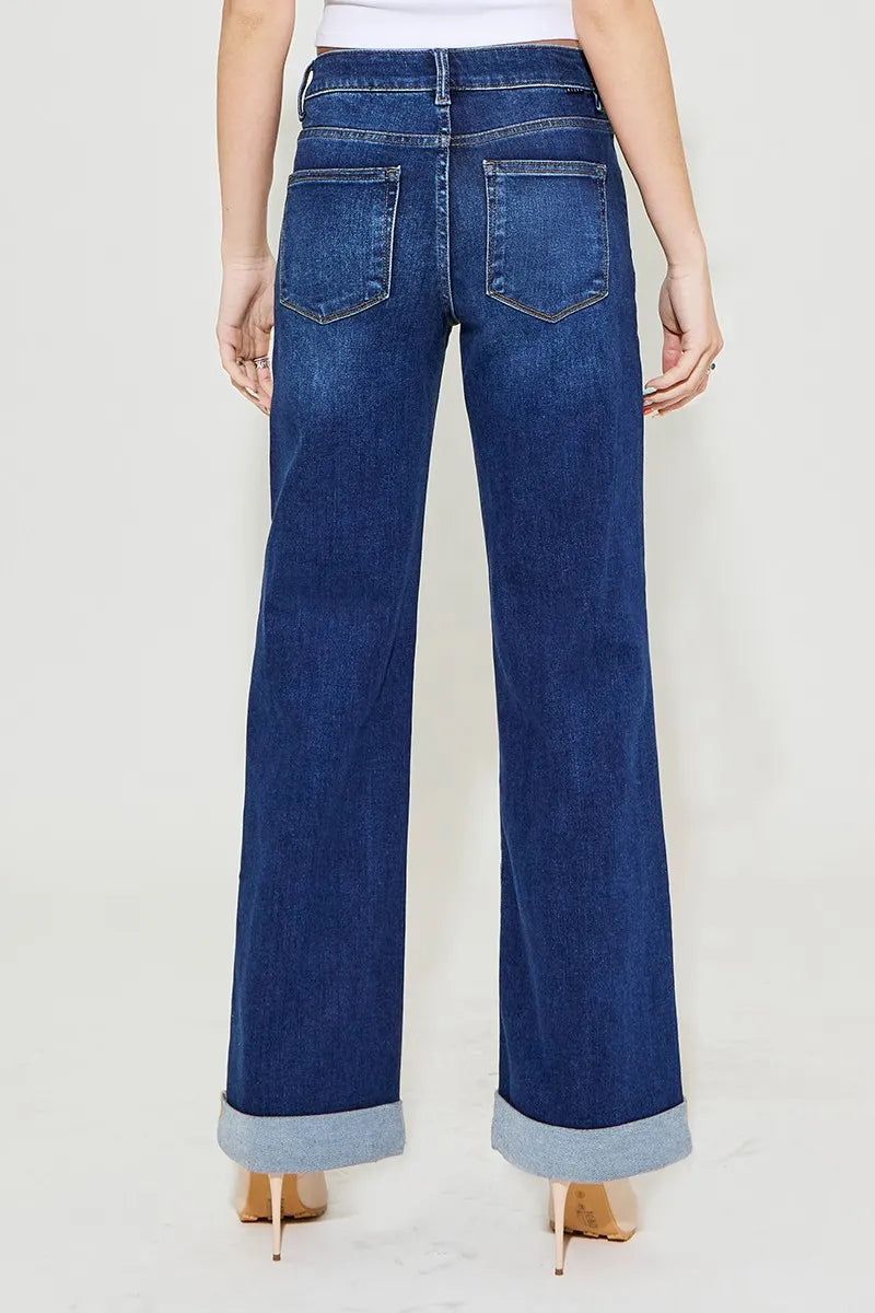 RISEN Full Size Tummy Control High Rise Wide Leg Cuffed Jeans Plus Size - Velora