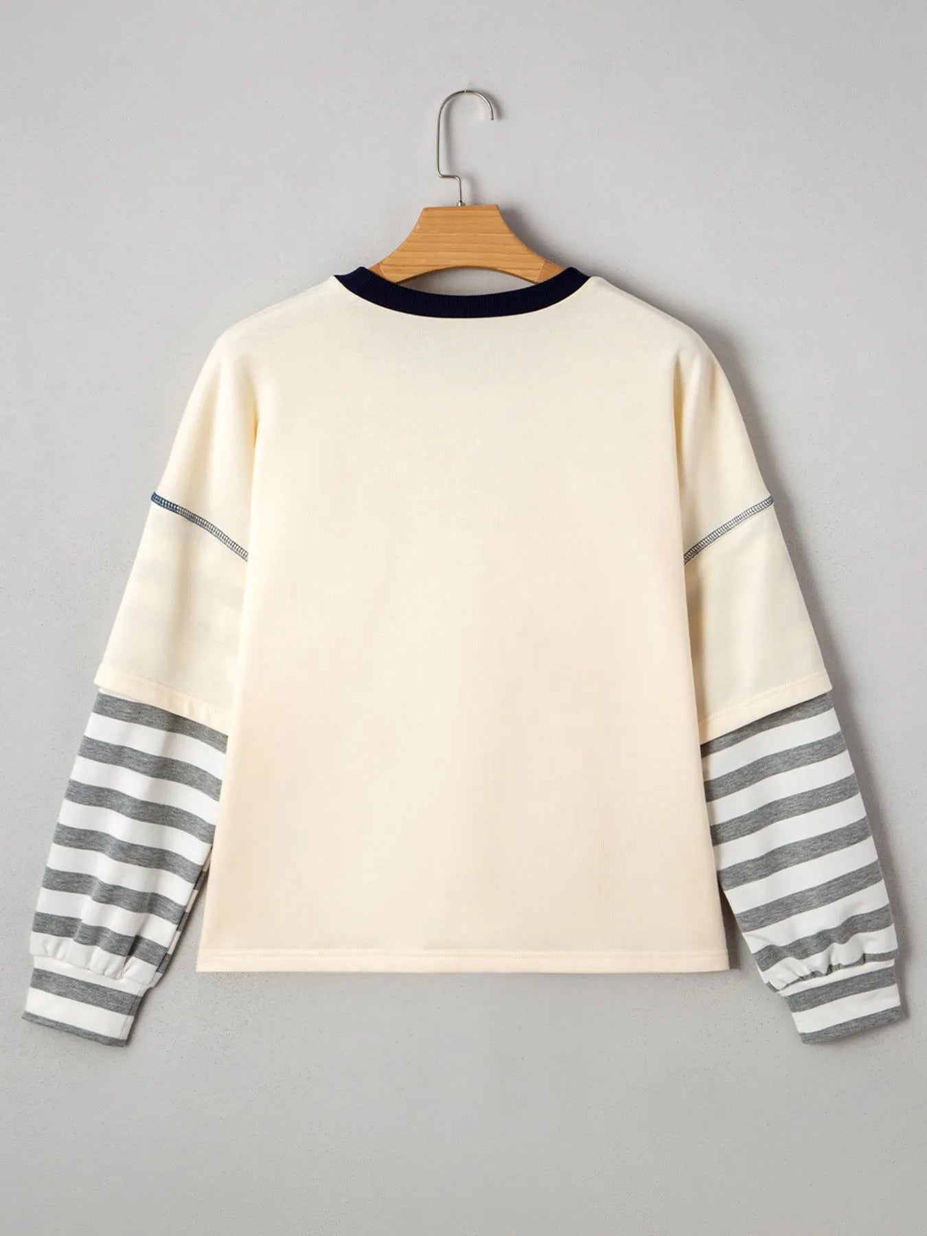 Striped Patchwork Long Sleeve Round Neck Two-in-one Top - Velora