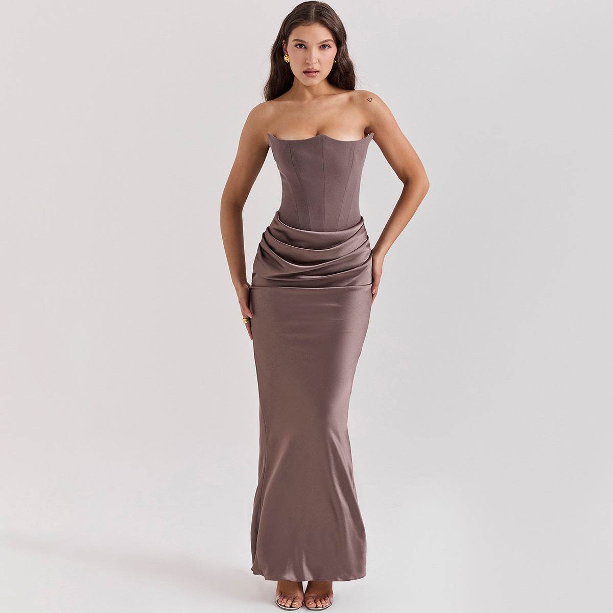 Fishbone Bandeau Slim-fit Backless Autumn And Winter Velvet Dress Black Evening Gown - Velora