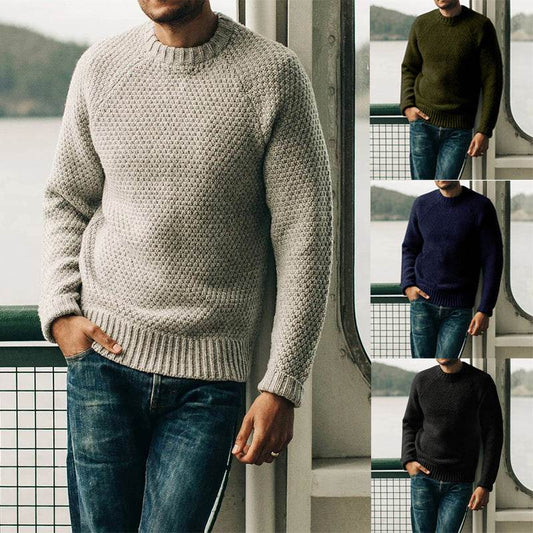 Men's Pullover Sweater Winter Casual Solid Color Round Neck Knitted Top Clothing - Velora