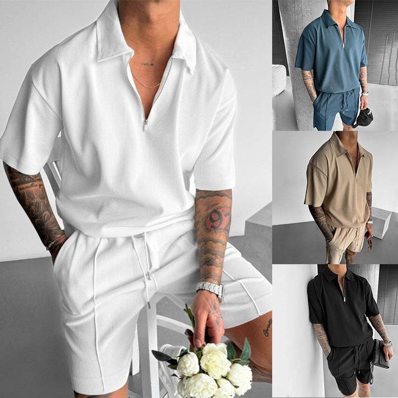 Summer Fashion Mens Clothing Men's Suits New Zipper Polo Casual Short Sleeve Drawstring Shorts Men's Set - Velora