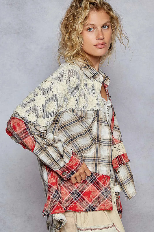 POL Lace Patchwork Plaid Oversized Shirt - Velora